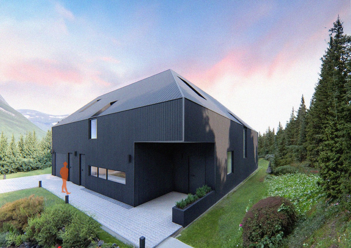 Finstad Hus, Ski enebolig, med svart kledning. L formen skaper finne bevegelser rung og inni huset.