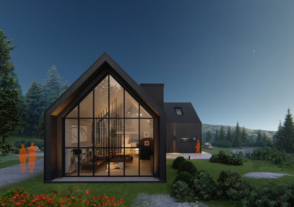 Hus med svart kledning. L formen skaper finne bevegelser rung og inni huset.