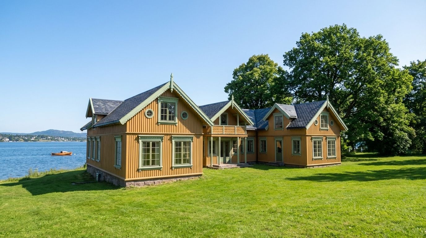 A traditional wooden house with ochre vertical siding and windows framed in light green sits on a gr
